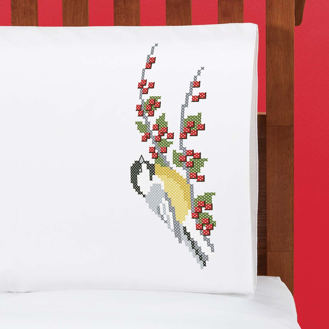 Herrschners Cheery Chickadee Pillowcase Pair Stamped Cross-Stitch